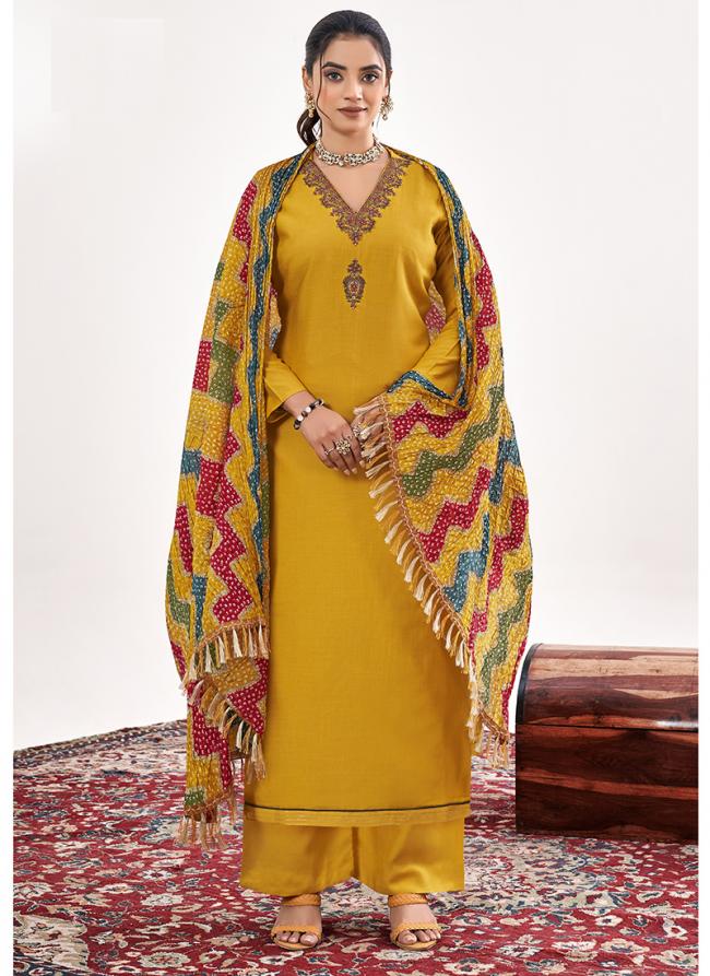 Rayon Yellow Casual Wear Embroidery Work Palazzo Suit